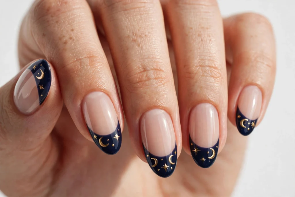 Moon and Stars Halloween French Tip Nails Halloween French tip nails with midnight navy tips decorated with gold crescent moons and tiny stars on a sheer nude base, shown on medium almond nails.