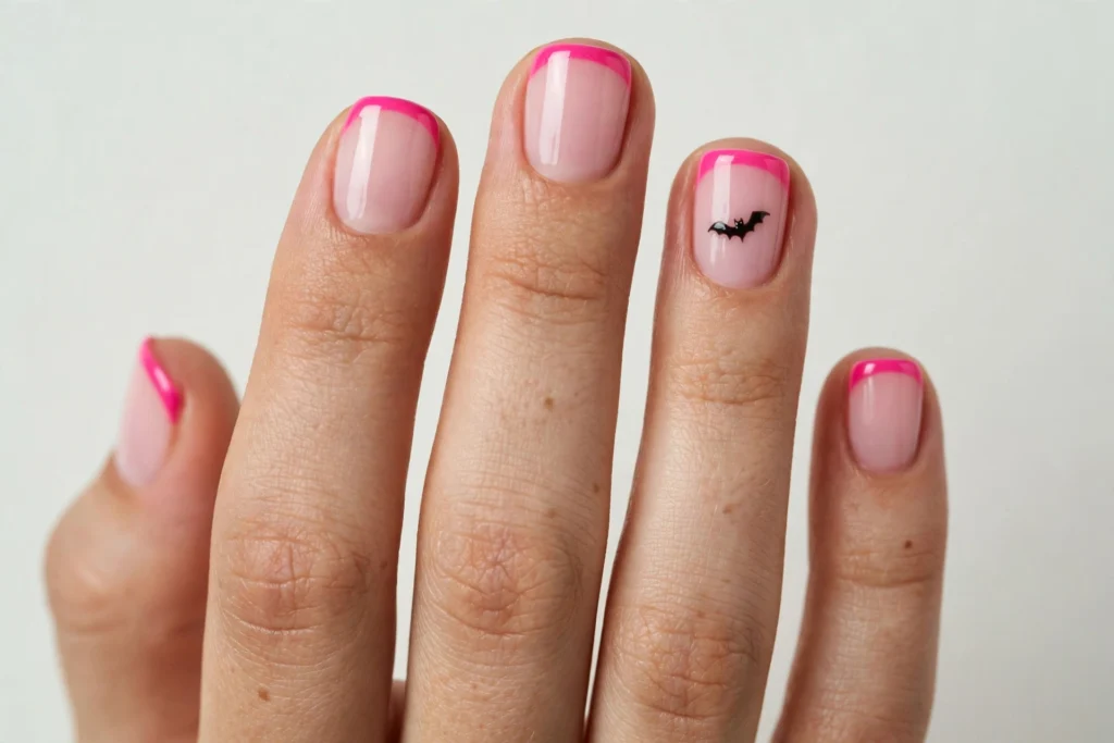 Pink Halloween French Tip Nails Pink Halloween French tip nails with hot pink tips over a soft pink base and a tiny black bat on one accent nail, shown on short squoval nails.