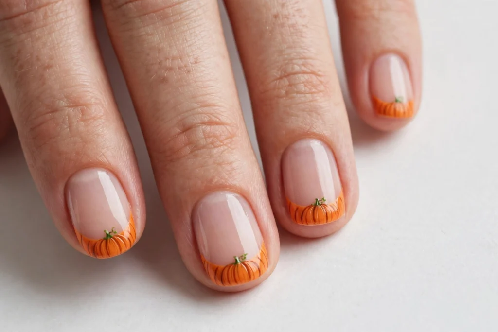 Pumpkin Halloween French Tip Nails Halloween French tip nails with orange pumpkin-shaped tips with thin ridges and a tiny green stem on a sheer nude base, shown on short round nails.