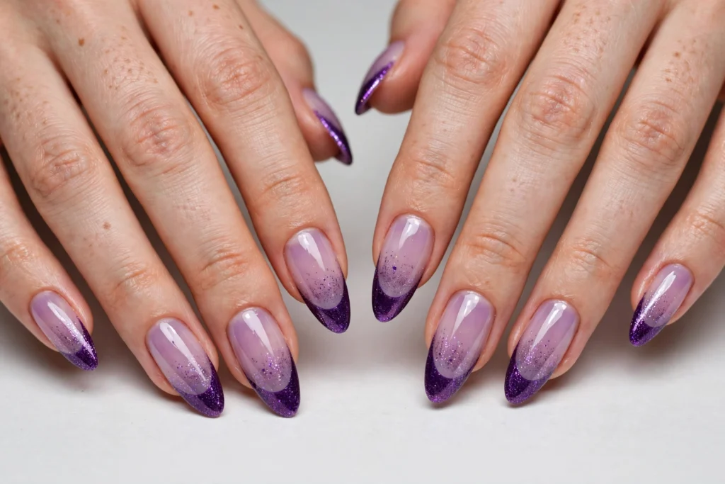 Purple Witchy Halloween French Tip Nails Halloween French tip nails with deep purple shimmer tips and a fine glitter fade on a sheer lilac base, shown on long almond nails.