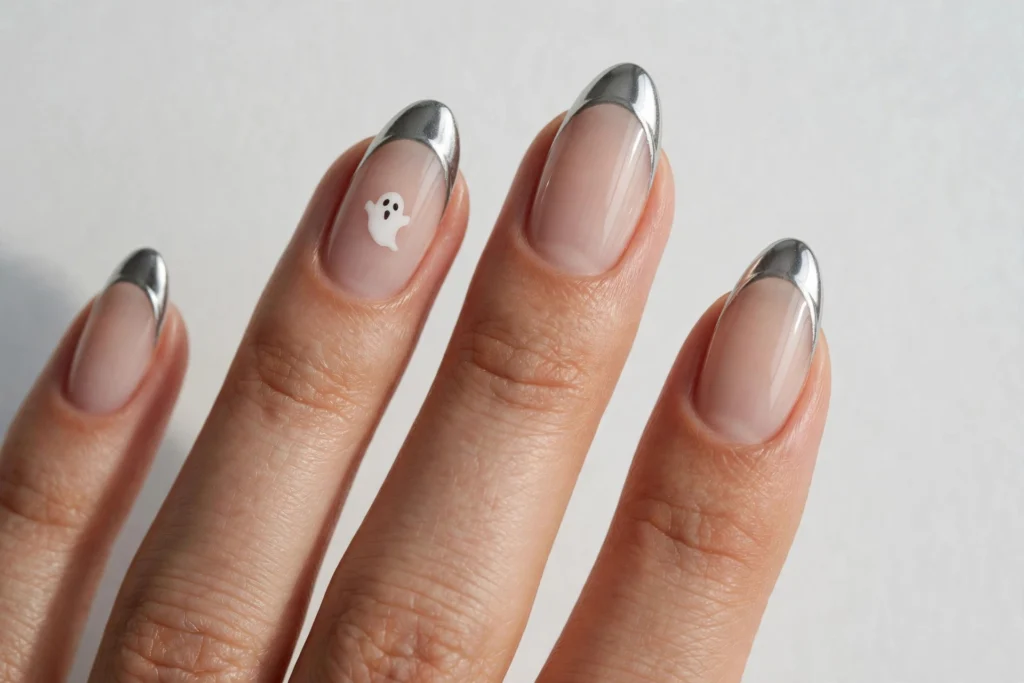 Silver Chrome Ghost Halloween French Tip Nails Halloween French tip nails with silver chrome mirror tips and one small white ghost on an accent nail, shown on medium almond nails with a sheer nude base.