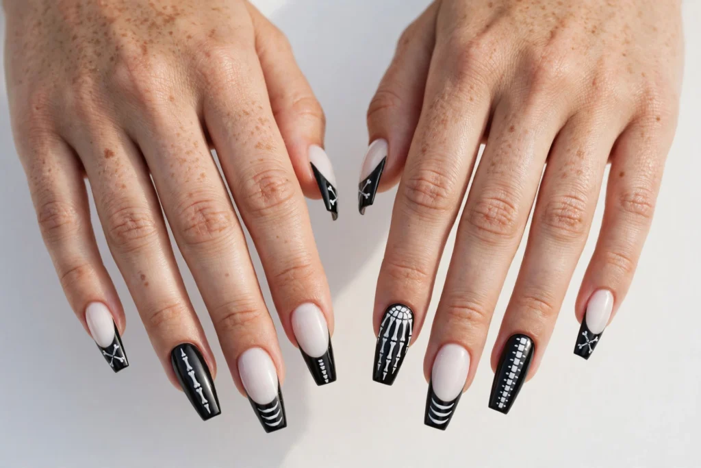 Skeleton Halloween French Tip Nails Halloween French tip nails with black tips decorated with thin white skeleton bone markings on a milky white base, shown on long coffin nails.