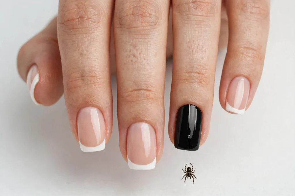 Spider Accent Nail Halloween French Tips French tip nails with classic white tips and one black accent nail with a small spider hanging from a thin silver line, shown on medium squoval nails.