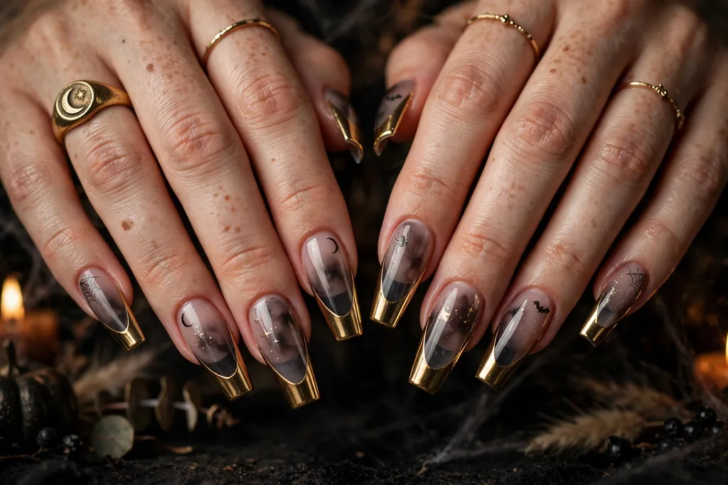Halloween party French tip nails with antique gold chrome mirror tips on a smoky sheer base, shown on long coffin nails.