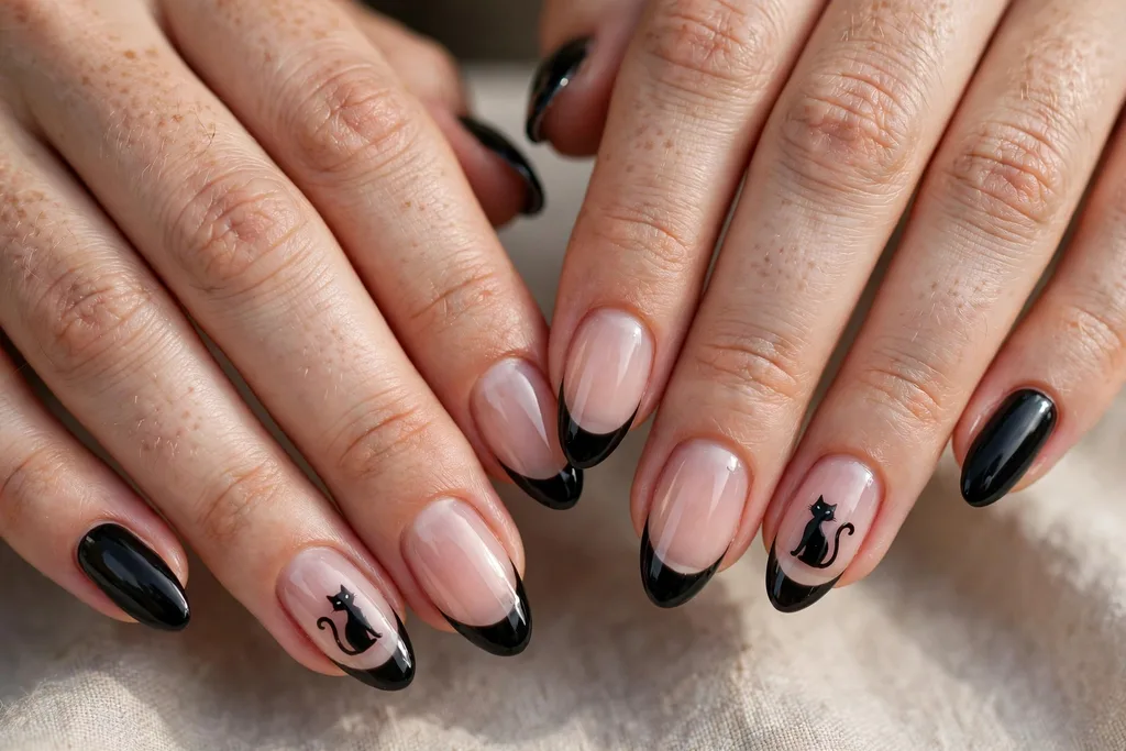 Halloween party French tip nails with glossy black tips and a black cat silhouette accent on one sheer nail per hand, shown on medium almond nails.