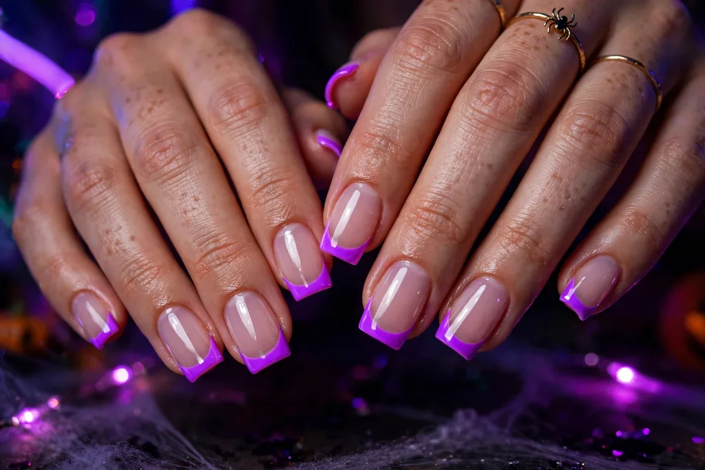 Halloween party French tip nails with vivid neon purple tips on a clear base, shown on medium square nails under party lighting.