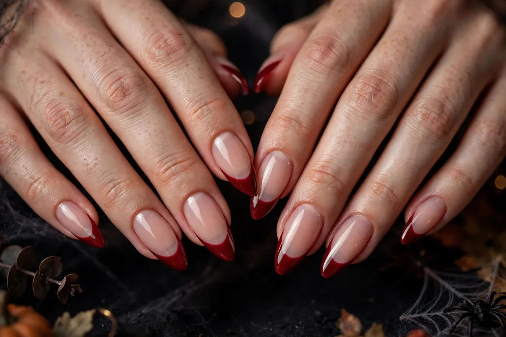 Halloween party French tip nails with deep blood red glossy tips on a sheer nude base, shown on long almond nails.