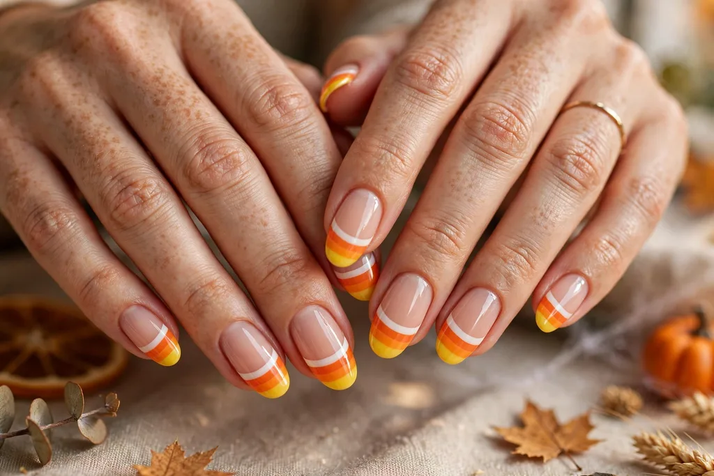 Halloween party French tip nails with layered white, orange, and yellow candy corn tips on a sheer nude base, shown on medium almond nails.
