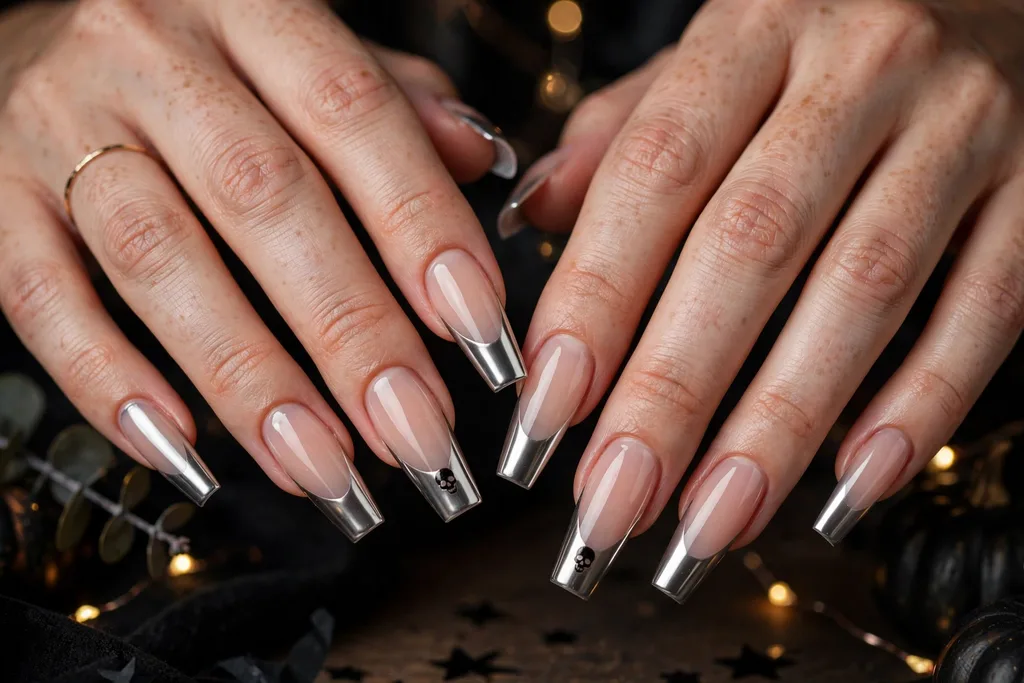 Halloween party French tip nails with silver chrome tips and tiny black skull accents on two nails, shown on long coffin nails.