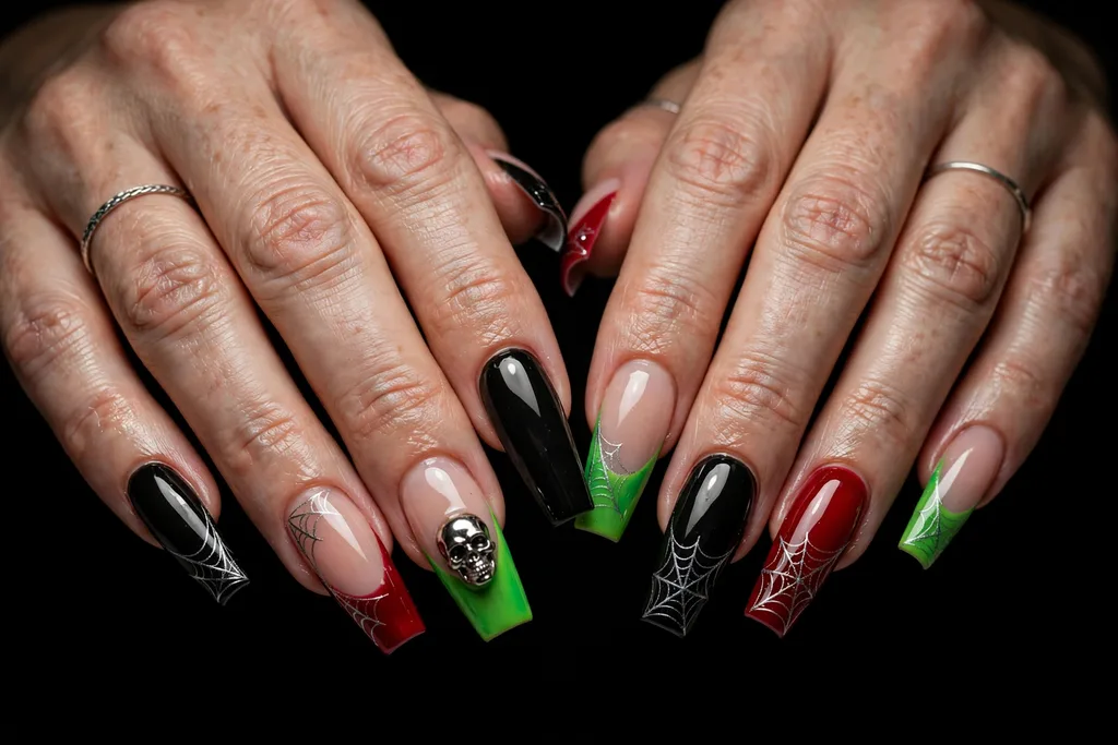 Halloween party French tip nails with jet black, blood red, and slime green tips, silver spiderweb accents, and a chrome skull accent on long coffin nails, shown on a woman's hands against a black background.