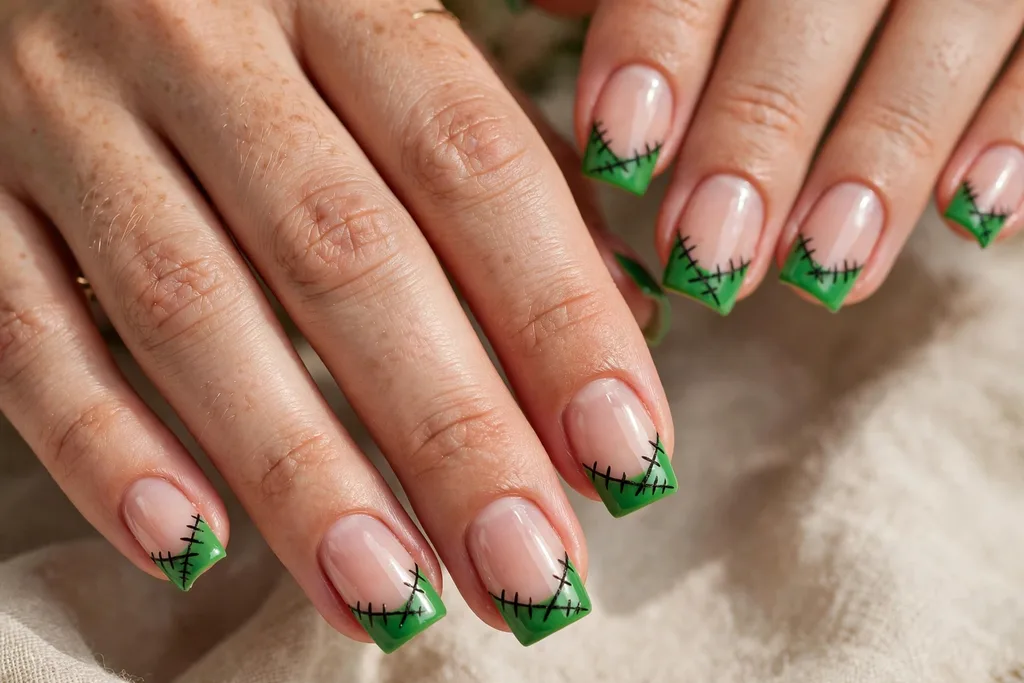 Halloween party French tip nails with bolt green tips crossed by thin black stitch lines on a sheer nude base, shown on medium square nails.