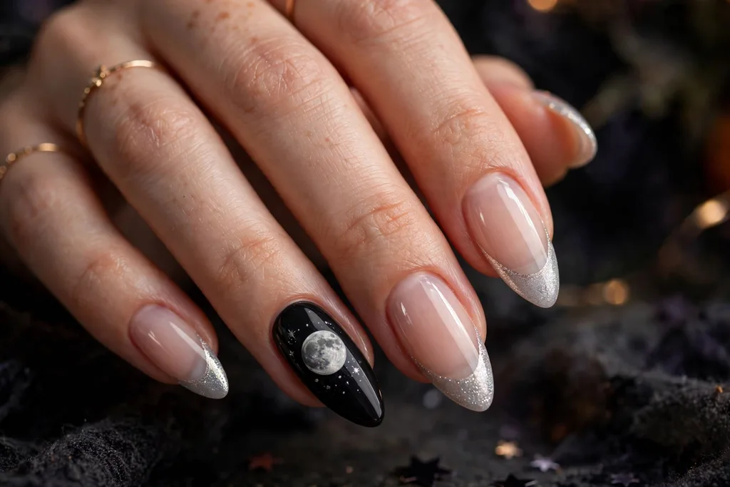 Halloween party French tip nails with pale silver shimmer tips and one black full moon accent nail, shown on long almond nails with a sheer nude base.