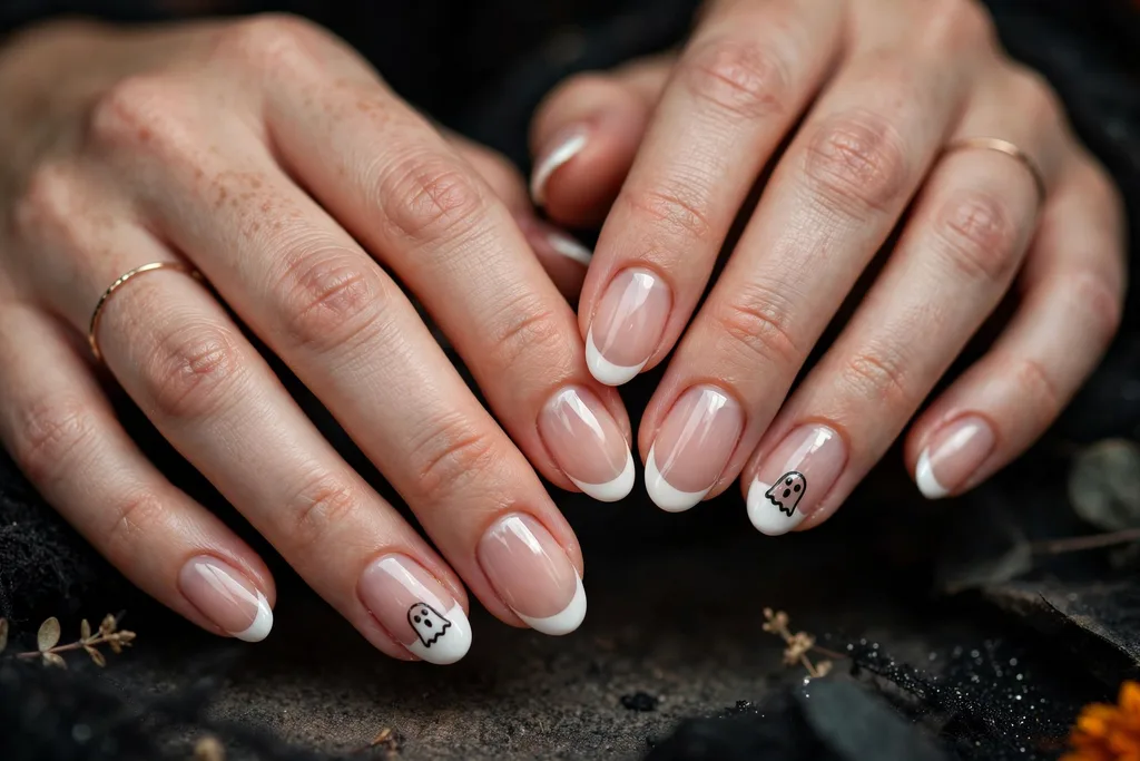 Halloween party French tip nails with bright white tips and tiny black ghost faces on two accent nails, shown on medium almond nails with a sheer nude base.