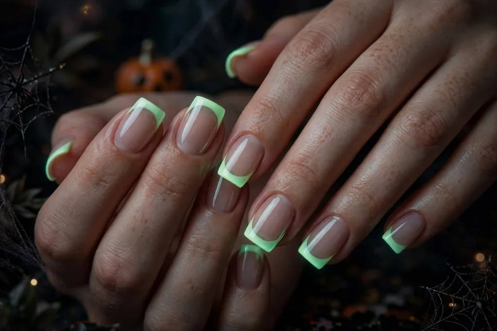 Halloween party French tip nails with pale green glow-in-the-dark tips on a clear base, shown on medium square nails in dim light.