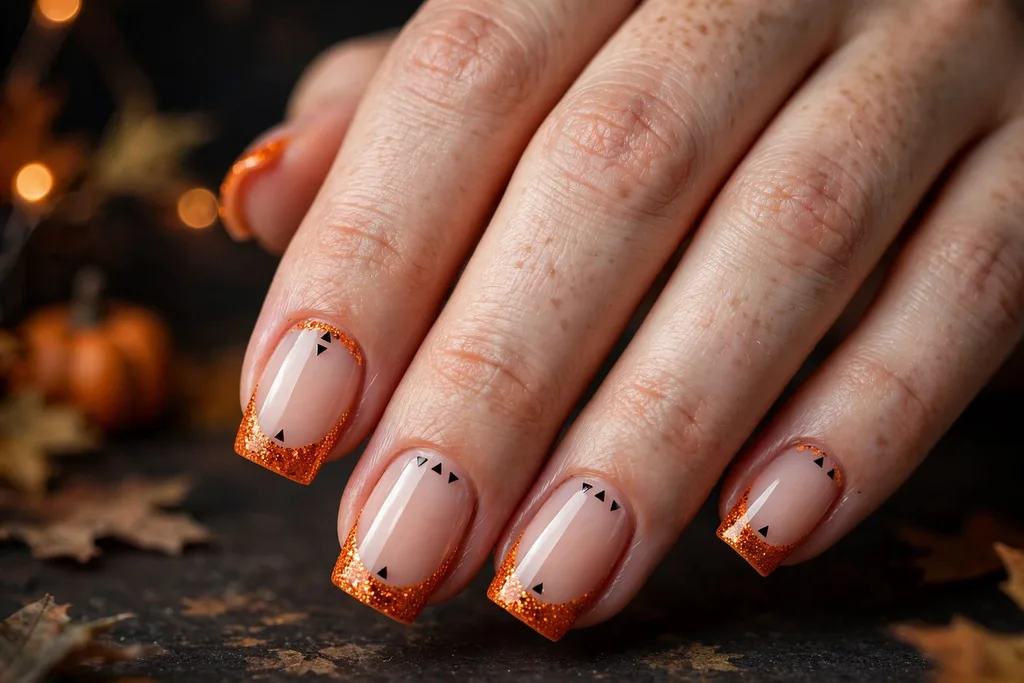 Halloween party French tip nails with bright pumpkin orange glitter tips and tiny black triangle accents on a sheer nude base, shown on medium square nails.