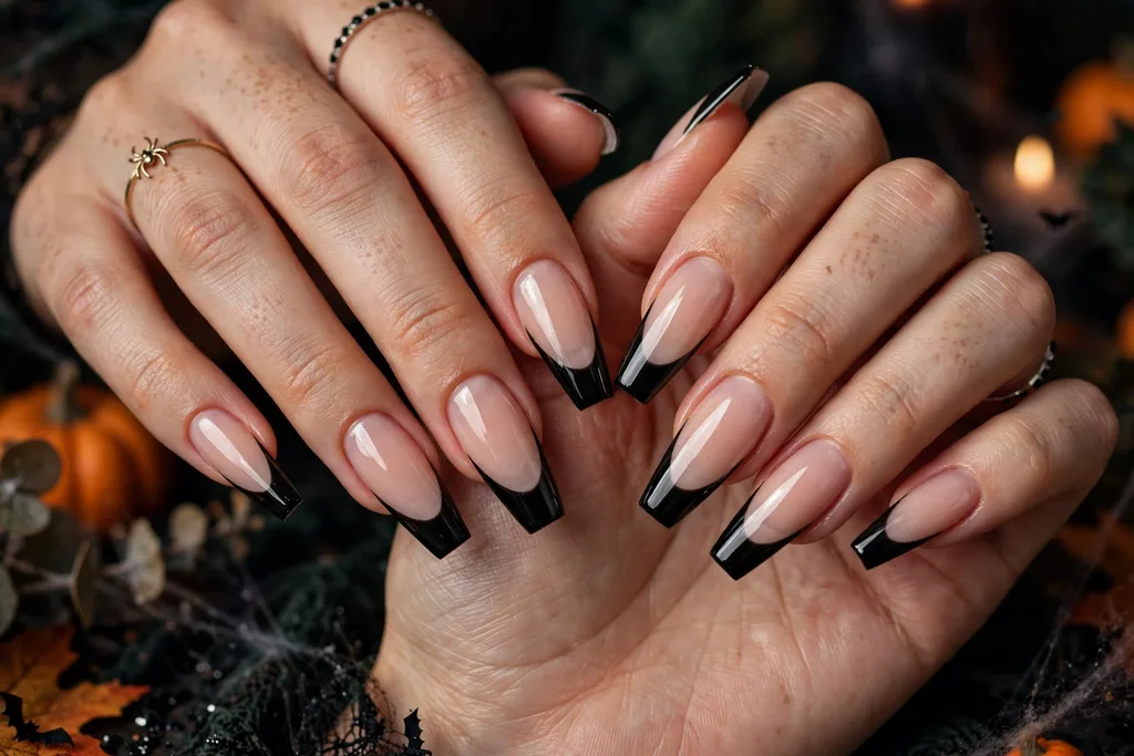 Halloween party French tip nails with glossy jet black tips on a sheer nude base, shown on long coffin nails.