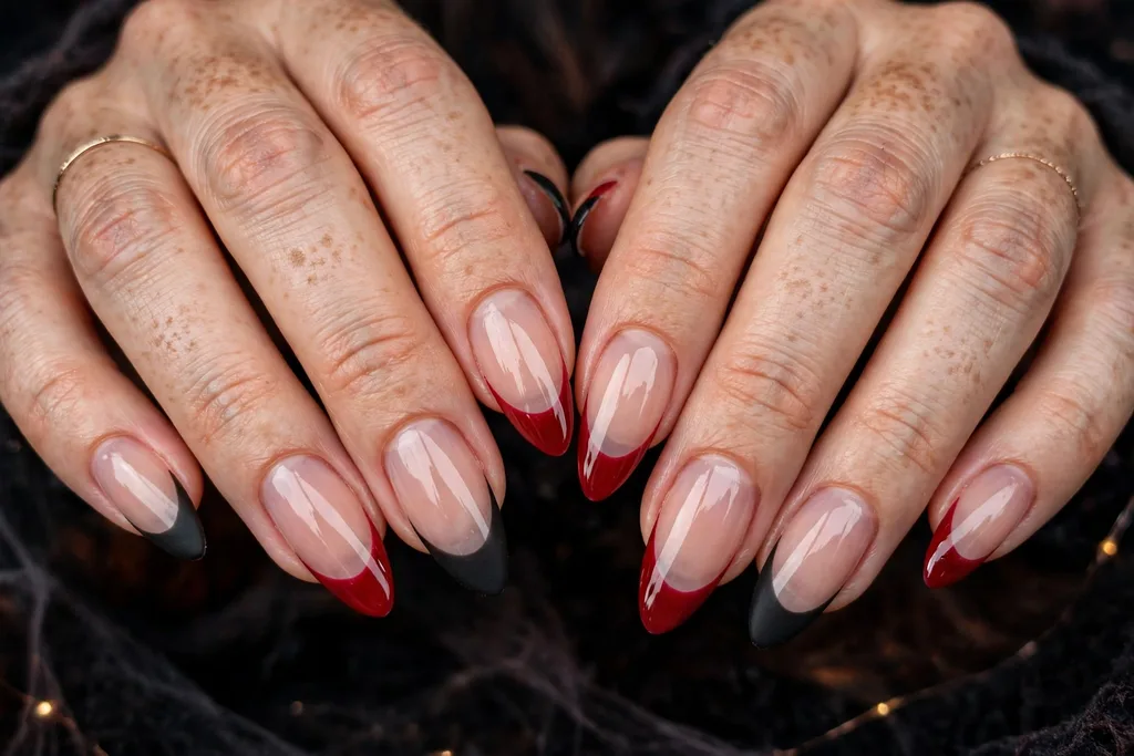 Halloween party French tip nails alternating matte black and glossy blood red tips on a sheer nude base, shown on long almond nails.