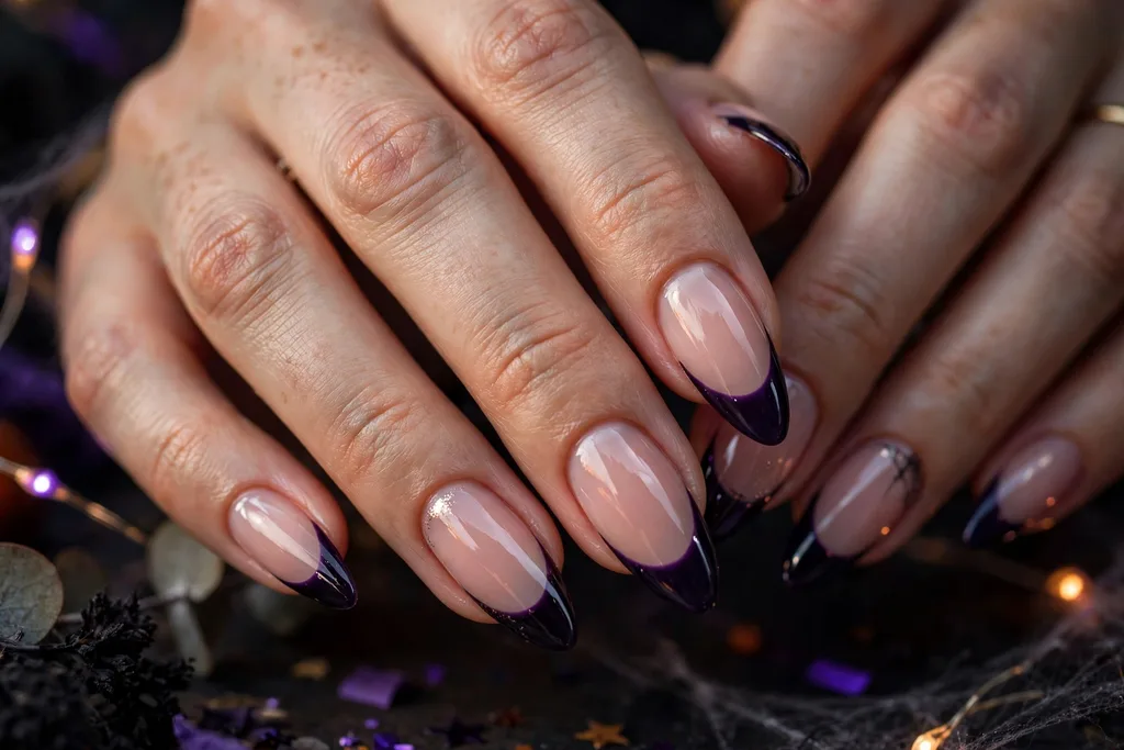 Halloween party French tip nails with deep midnight purple glossy tips on a sheer nude base, shown on long almond nails.