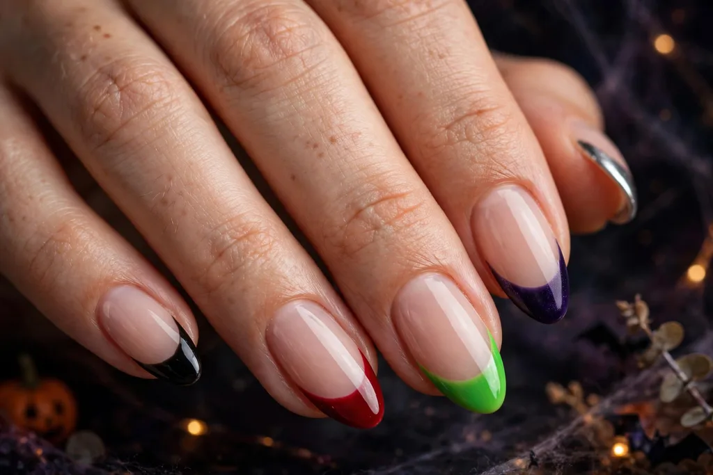Halloween party French tip nails with a different tip color on each nail, including black, blood red, slime green, midnight purple, and silver chrome, on a sheer nude base, shown on medium almond nails.