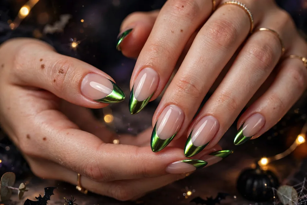 Halloween party French tip nails with metallic acid green chrome tips on a sheer nude base, shown on long almond nails.
