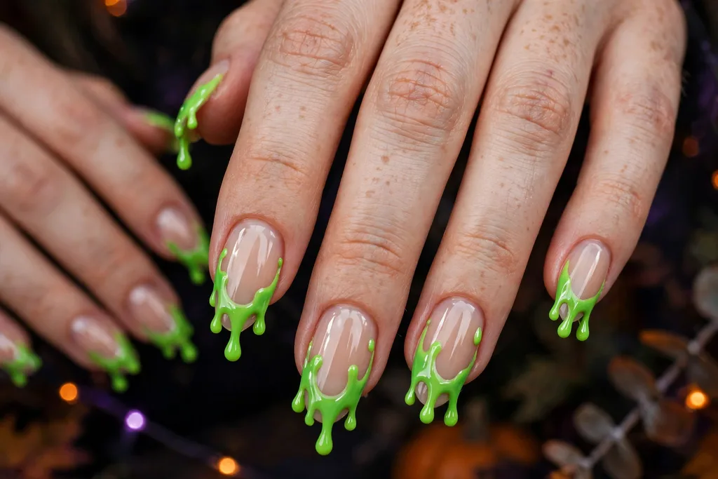 Halloween party French tip nails with neon slime green tips shaped into uneven drips on a sheer nude base, shown on medium almond nails.