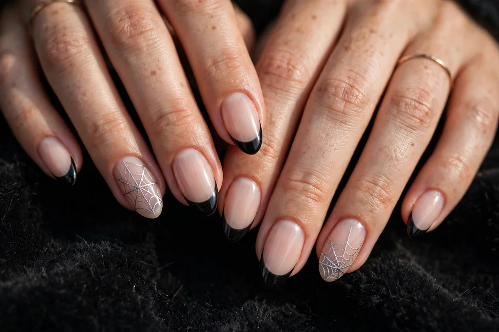 Halloween party French tip nails with black tips and fine silver spiderweb lines across two accent nails on a sheer nude base, shown on medium almond nails.