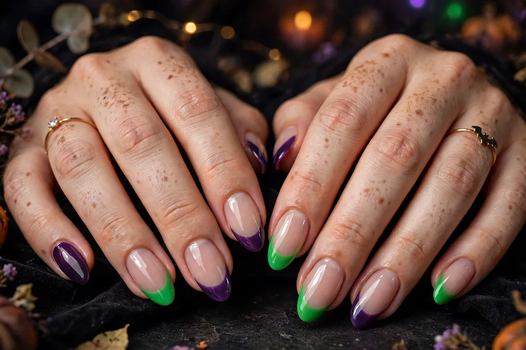 Halloween party French tip nails alternating deep purple and acid green tips on a sheer nude base, shown on medium almond nails.