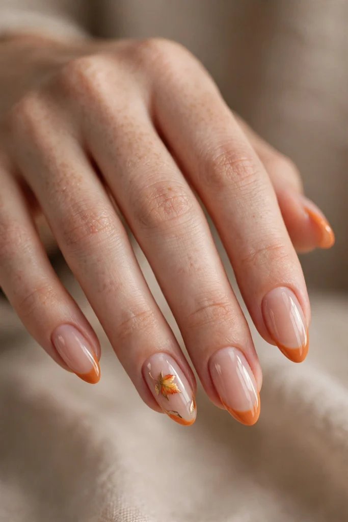 Close-up of almond nails with pumpkin orange French tips and one accent nail with a tiny hand-painted autumn leaf