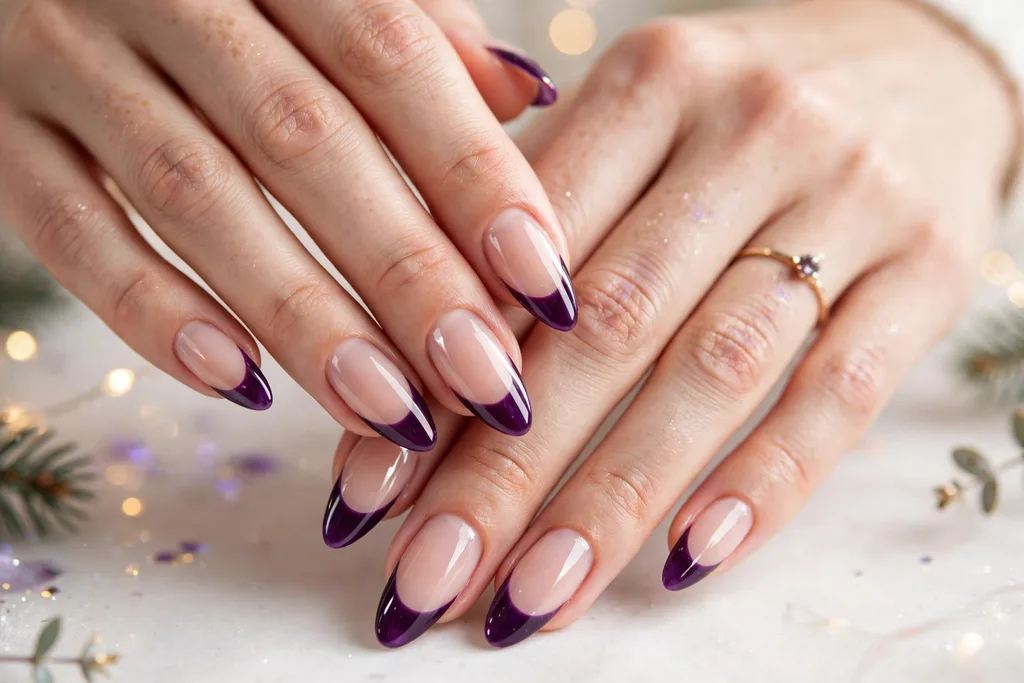 Holiday party French tip nails with deep amethyst purple glossy tips on a sheer nude base, shown on long almond nails.