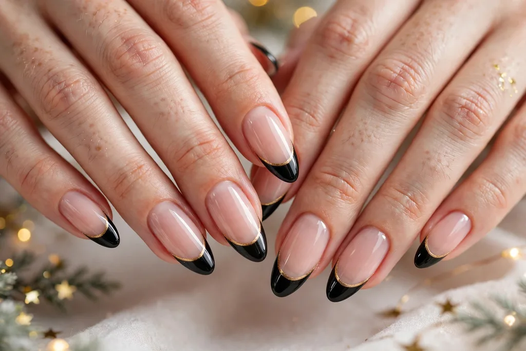 Holiday party French tip nails with glossy black tips edged with a thin gold line on a sheer nude base, shown on long almond nails.