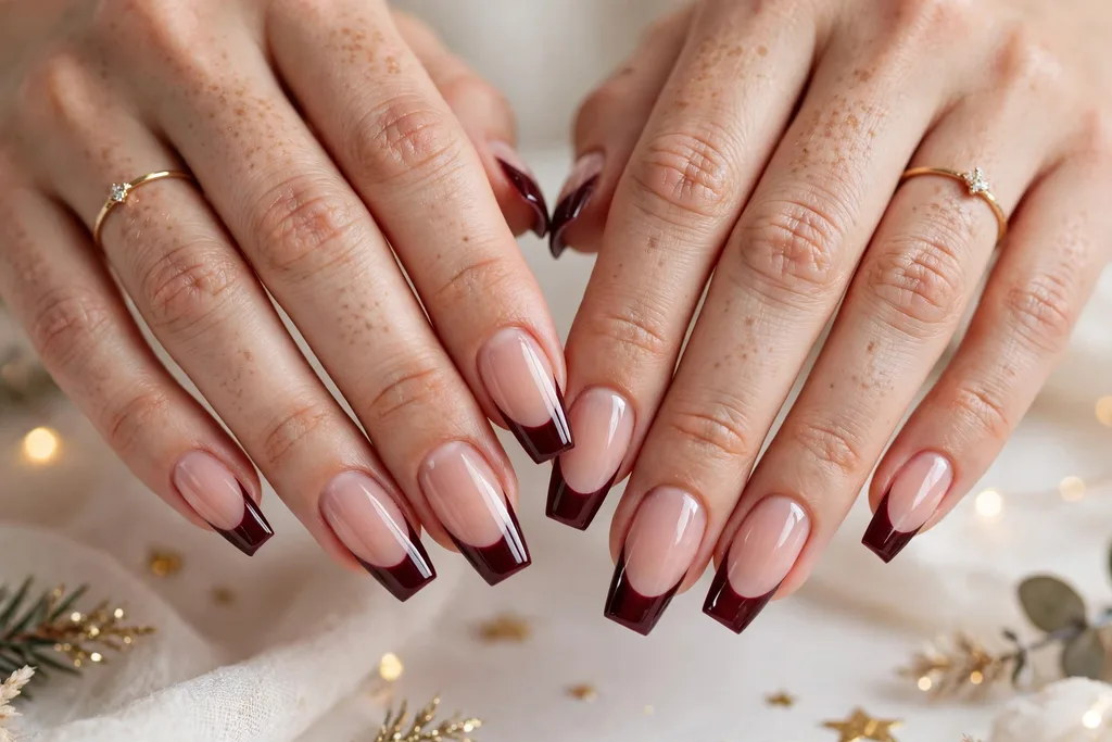 Holiday party French tip nails with deep burgundy glossy tips on a sheer nude base, shown on medium coffin nails.