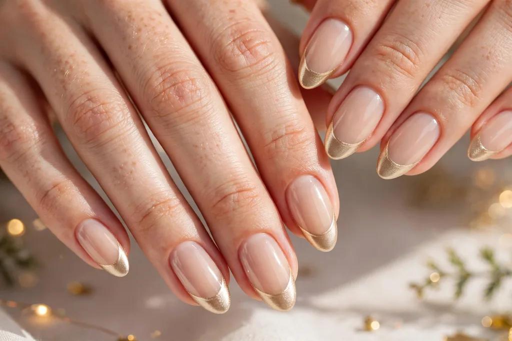 Holiday party French tip nails with soft champagne gold metallic tips on a sheer nude base, shown on medium almond nails.