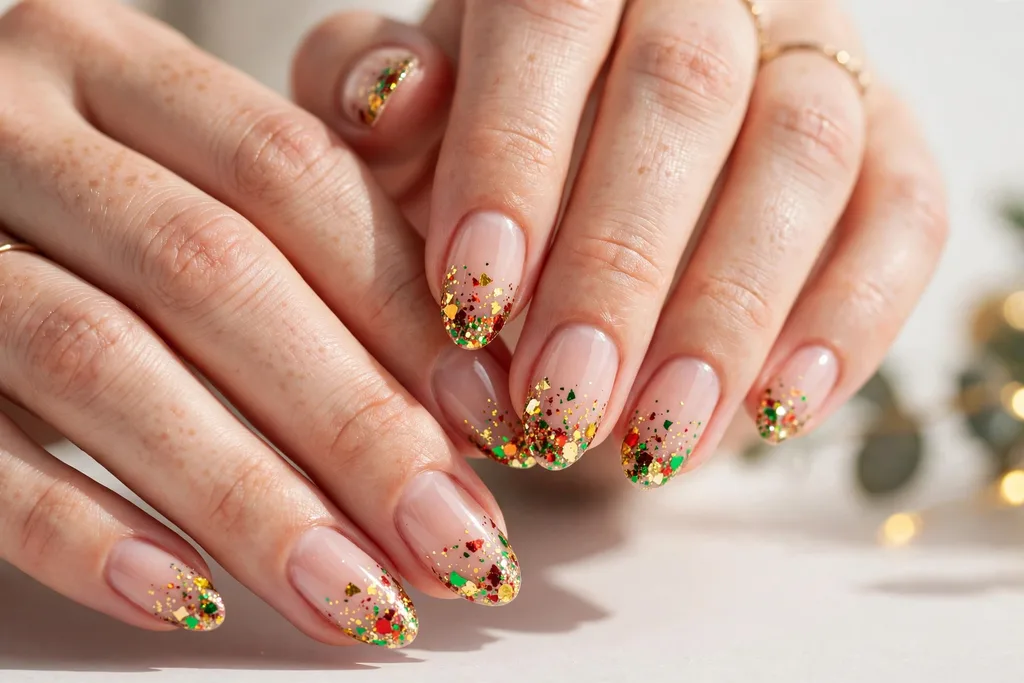 Holiday party French tip nails with multicolor confetti glitter tips in gold, red, and green on a sheer nude base, shown on medium almond nails.