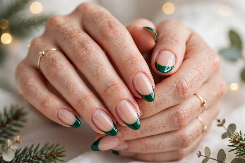 Holiday party French tip nails with rich emerald green glossy tips on a sheer nude base, shown on medium almond nails.