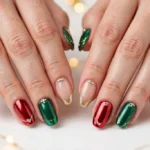 Holiday party French tip nails with gold glitter, red chrome, and emerald tips and rhinestone accents on a sheer nude base, shown on a woman's hands against a white background with soft gold bokeh lights.