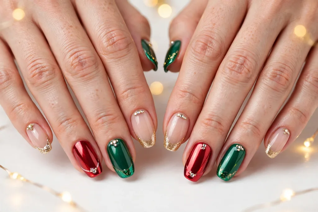Holiday party French tip nails with gold glitter, red chrome, and emerald tips and rhinestone accents on a sheer nude base, shown on a woman's hands against a white background with soft gold bokeh lights.