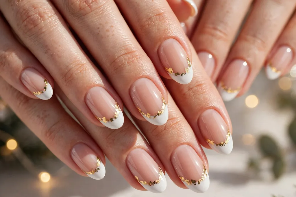 Holiday party French tip nails with white tips and irregular gold foil flakes along the smile line on a sheer nude base, shown on medium almond nails.
