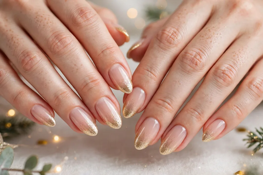 Holiday party French tip nails with gold glitter tips fading into a sheer nude base, shown on medium almond nails.