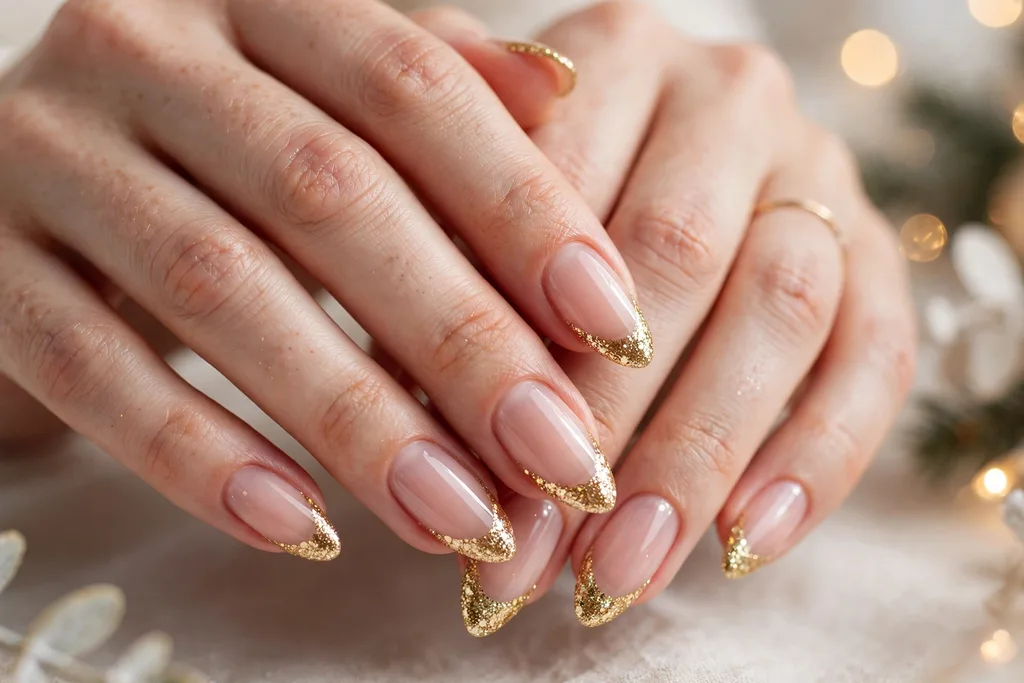 Holiday party French tip nails with dense gold glitter tips on a sheer nude base, shown on medium almond nails.