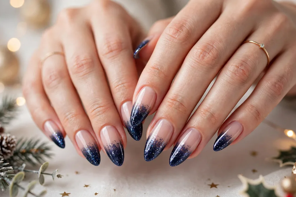 Holiday party French tip nails with deep navy glitter ombre tips fading into a sheer nude base, shown on long almond nails.