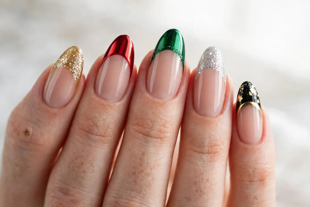 Holiday party French tip nails with a different party tip on each nail, including gold glitter, red chrome, emerald, silver glitter, and black with gold, on a sheer nude base, shown on medium almond nails.