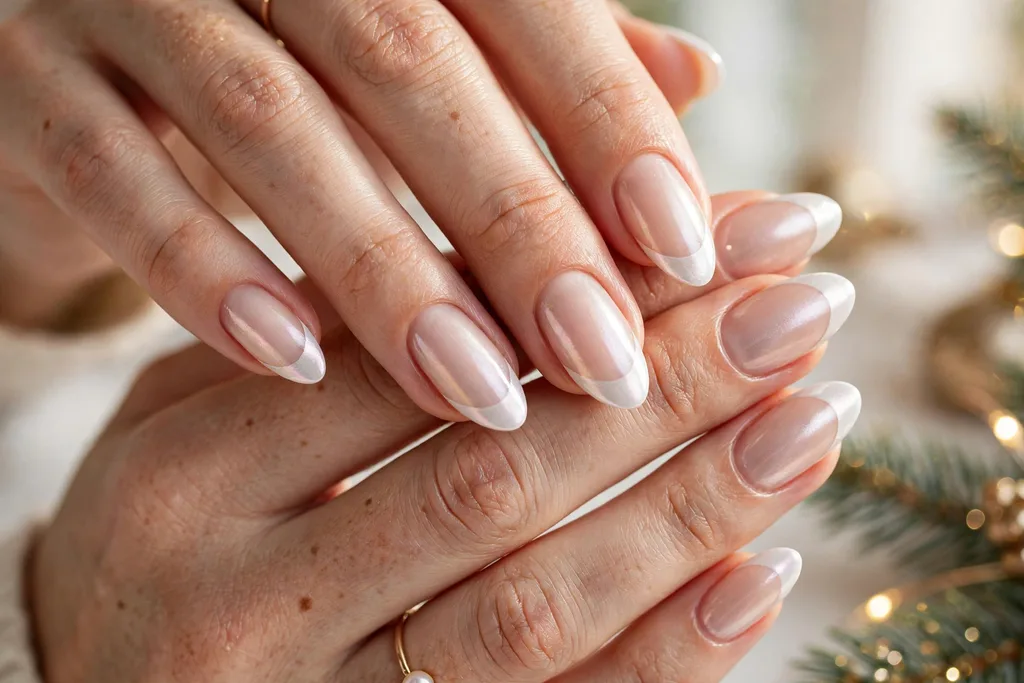 Holiday party French tip nails with white tips finished with a pearly chrome sheen on a sheer nude base, shown on medium almond nails.