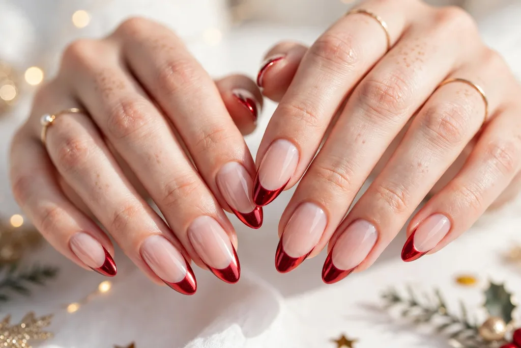 Holiday party French tip nails with red chrome mirror tips on a sheer nude base, shown on long almond nails.