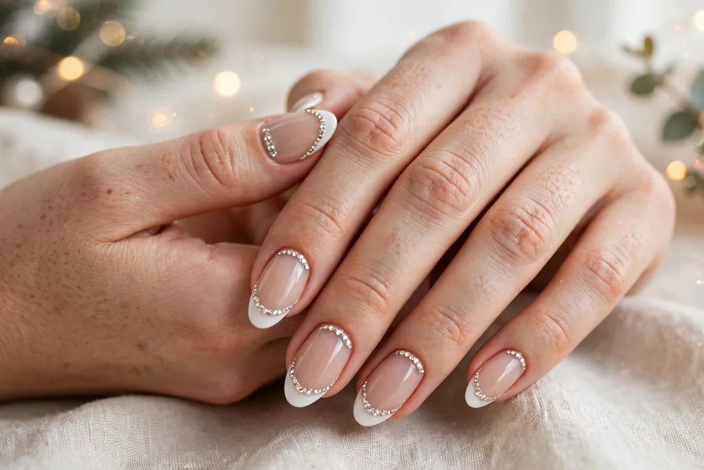 Holiday party French tip nails with white tips and a row of tiny rhinestones along the smile line on a sheer nude base, shown on medium almond nails.