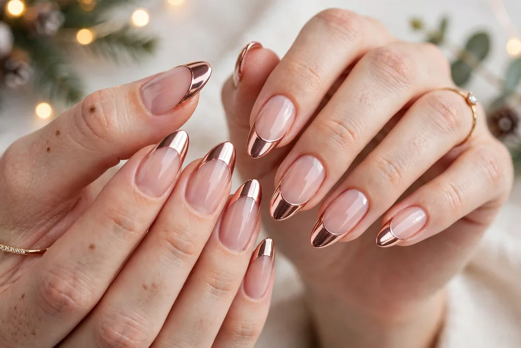 Holiday party French tip nails with rose gold chrome mirror tips on a sheer nude base, shown on long almond nails.