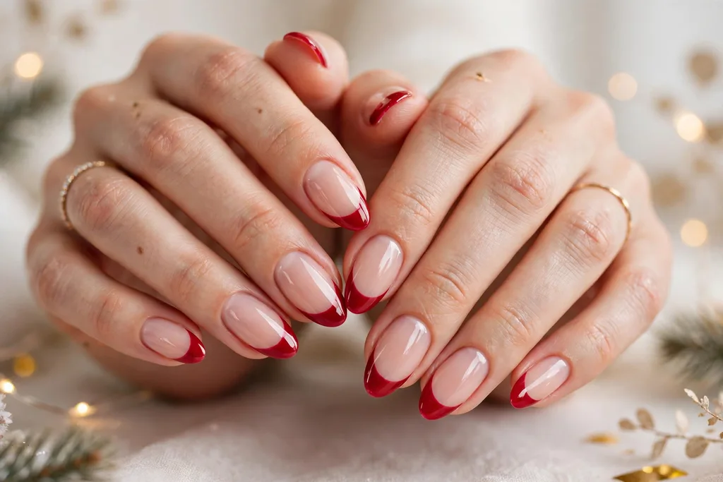 Holiday party French tip nails with glossy ruby red tips on a sheer nude base, shown on medium almond nails.
