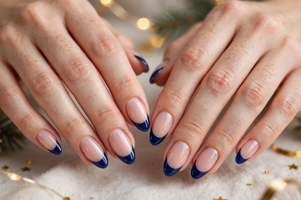 Holiday party French tip nails with deep sapphire blue glossy tips on a sheer nude base, shown on medium almond nails.