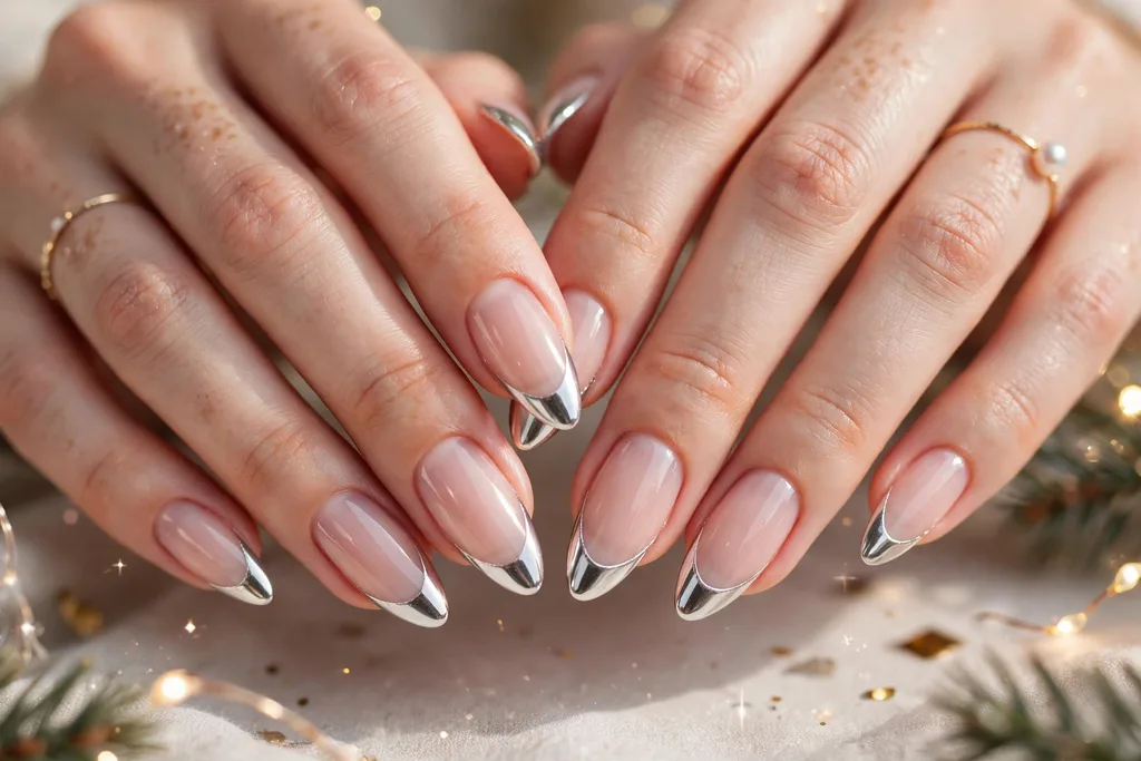 Holiday party French tip nails with silver chrome mirror tips on a sheer nude base, shown on long almond nails.