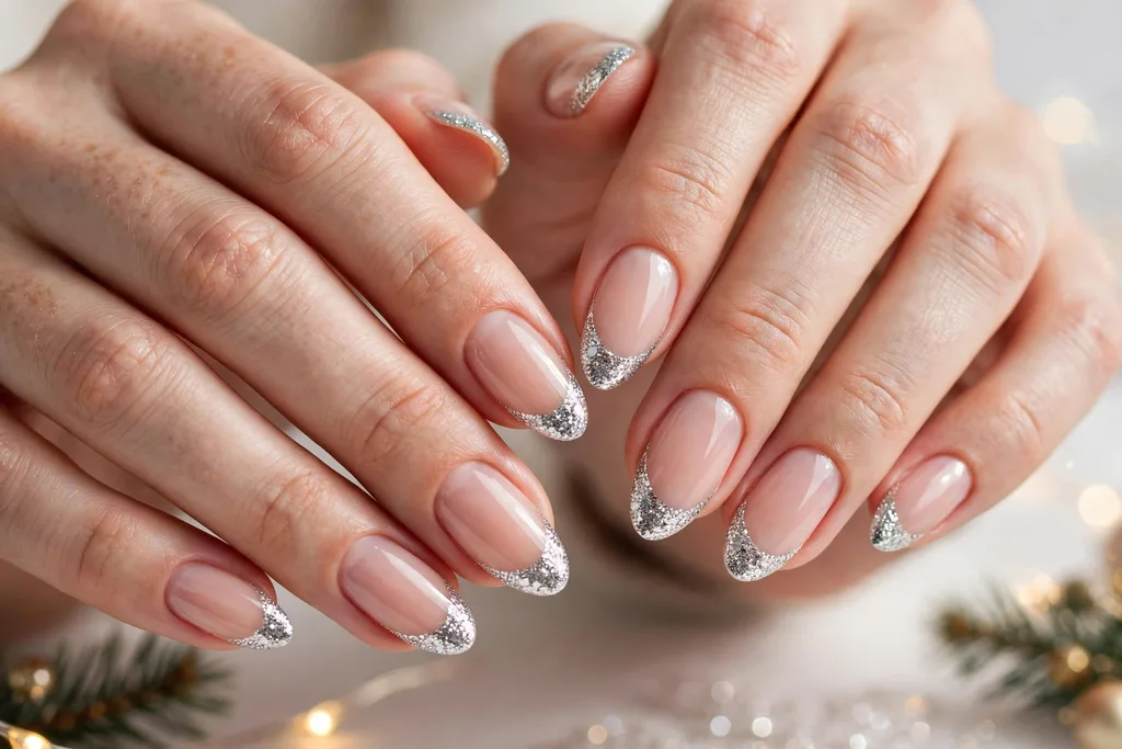 Holiday party French tip nails with dense silver glitter tips on a sheer nude base, shown on medium almond nails.