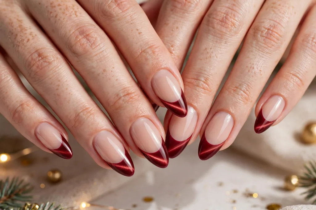 Holiday party French tip nails with deep red cat-eye magnetic tips with a soft velvet light band on a sheer nude base, shown on long almond nails.
